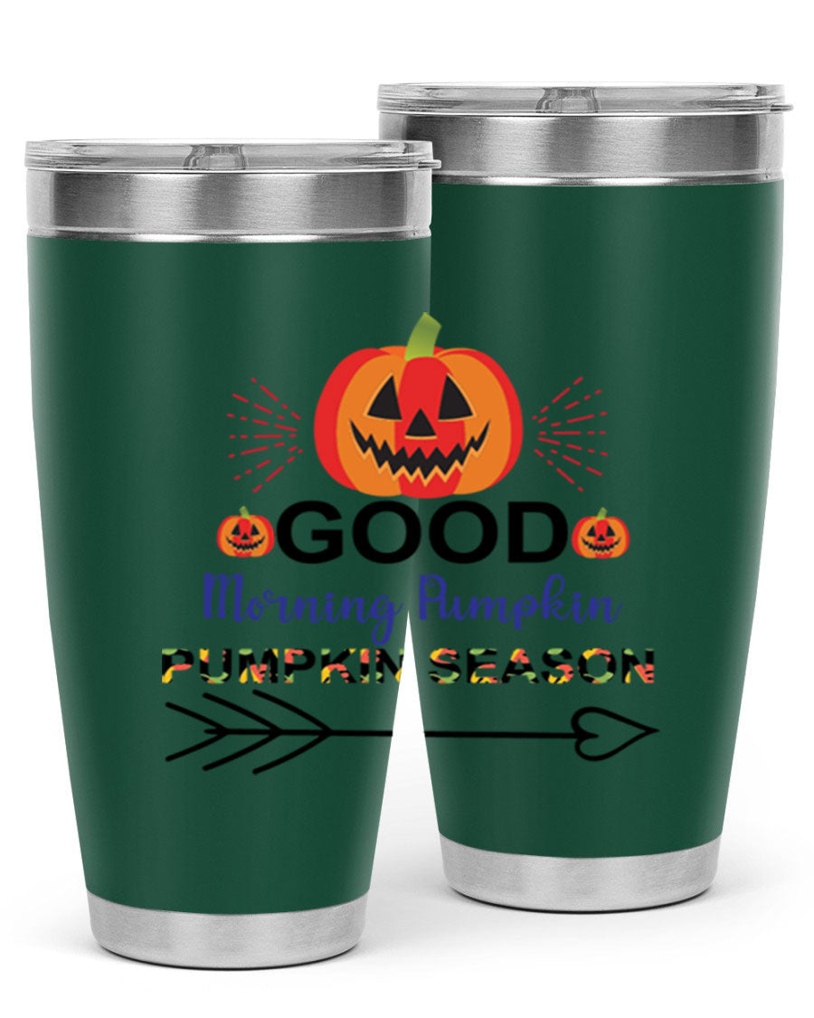 Goodmorningpumpkinpumpkinseason 210# Tumbler in vibrant fall colors, showcasing its double wall vacuum stainless steel design.