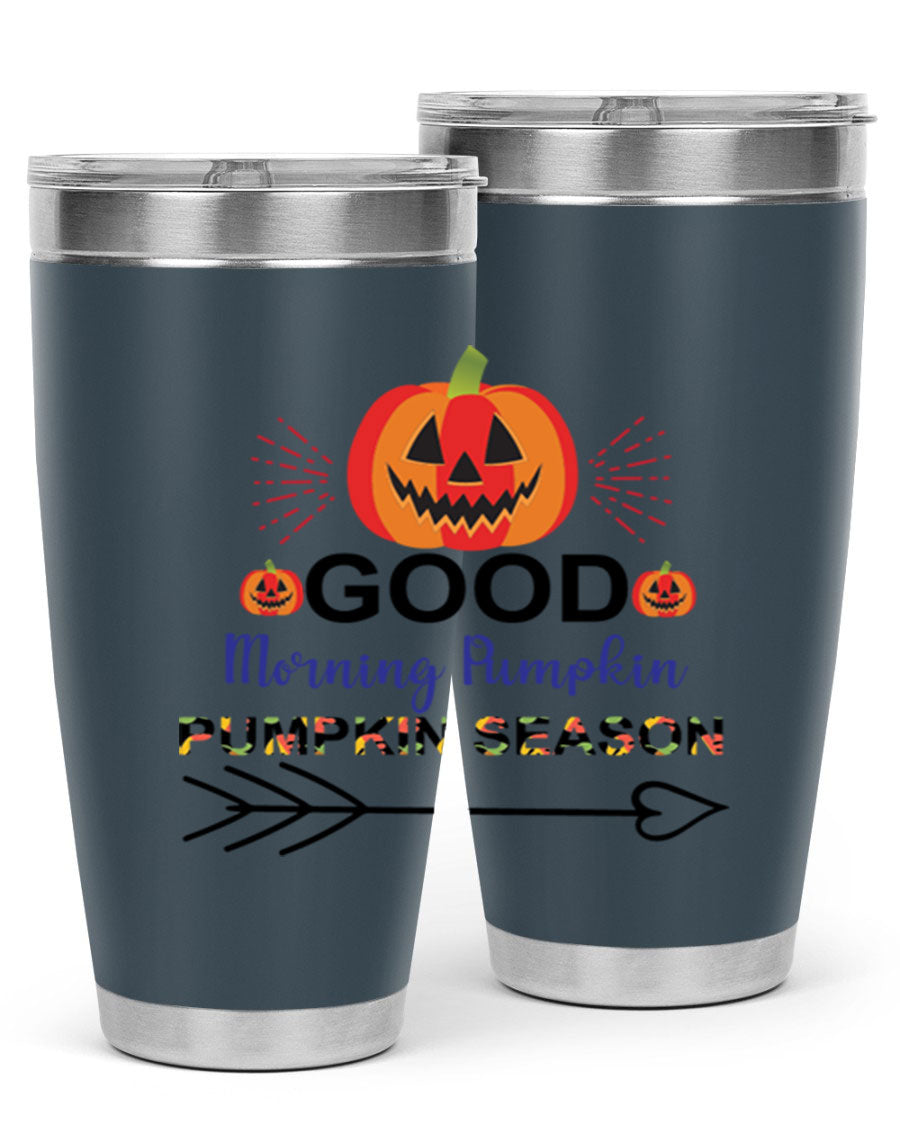 Goodmorningpumpkinpumpkinseason 210# Tumbler in vibrant fall colors, showcasing its double wall vacuum stainless steel design.