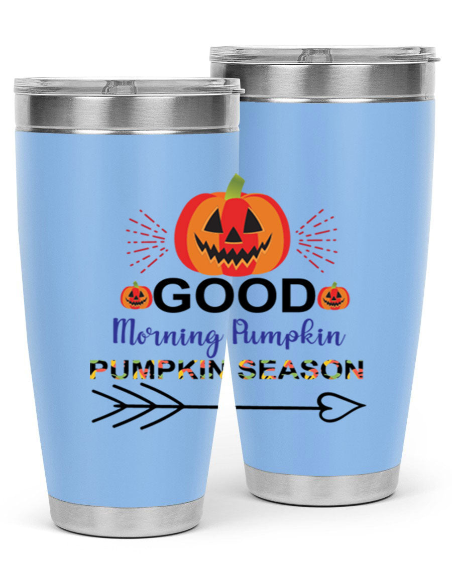 Goodmorningpumpkinpumpkinseason 210# Tumbler in vibrant fall colors, showcasing its double wall vacuum stainless steel design.