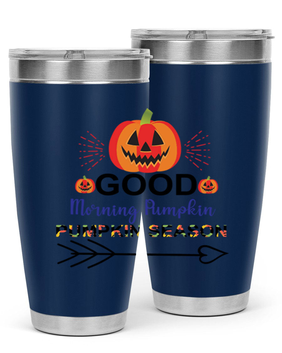 Goodmorningpumpkinpumpkinseason 210# Tumbler in vibrant fall colors, showcasing its double wall vacuum stainless steel design.