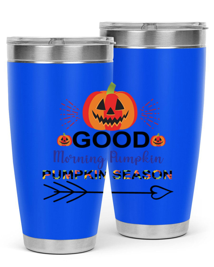 Goodmorningpumpkinpumpkinseason 210# Tumbler in vibrant fall colors, showcasing its double wall vacuum stainless steel design.
