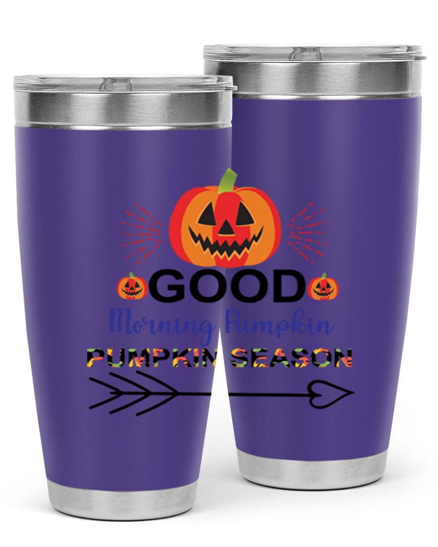 Goodmorningpumpkinpumpkinseason 210# Tumbler in vibrant fall colors, showcasing its double wall vacuum stainless steel design.
