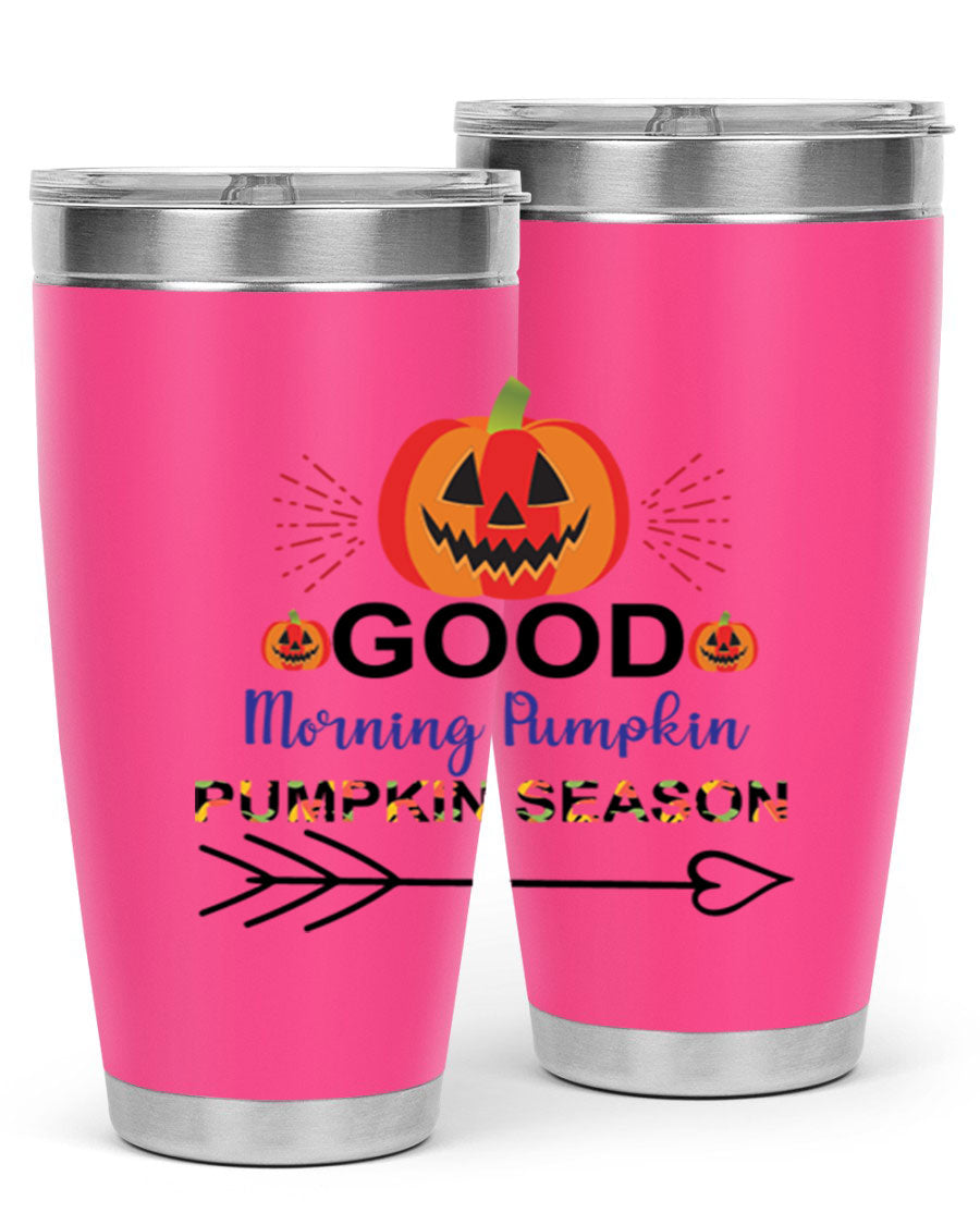 Goodmorningpumpkinpumpkinseason 210# Tumbler in vibrant fall colors, showcasing its double wall vacuum stainless steel design.