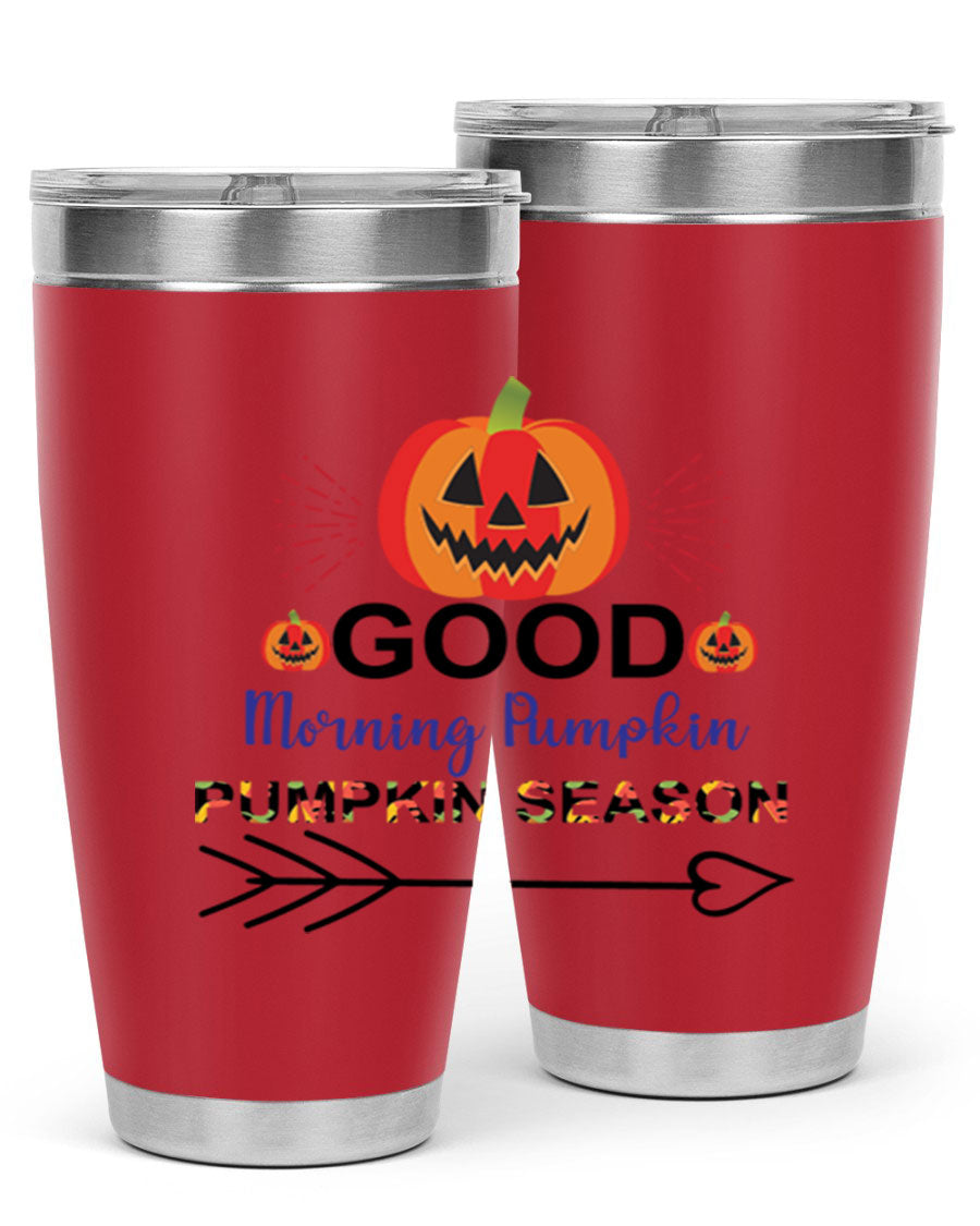 Goodmorningpumpkinpumpkinseason 210# Tumbler in vibrant fall colors, showcasing its double wall vacuum stainless steel design.