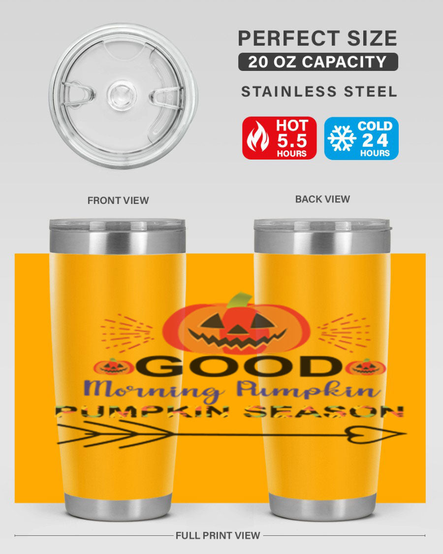 Goodmorningpumpkinpumpkinseason 210# Tumbler in vibrant fall colors, showcasing its double wall vacuum stainless steel design.