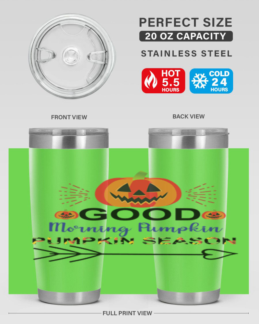 Goodmorningpumpkinpumpkinseason 210# Tumbler in vibrant fall colors, showcasing its double wall vacuum stainless steel design.