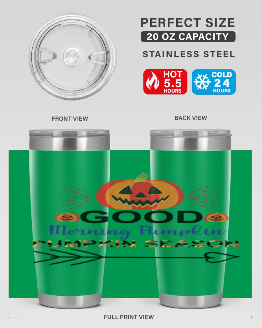 Goodmorningpumpkinpumpkinseason 210# Tumbler in vibrant fall colors, showcasing its double wall vacuum stainless steel design.