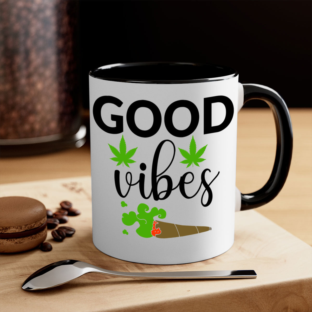 A stylish goog vibes a 97# Mug with a glossy finish, featuring a colored handle and interior, available in multiple colors.