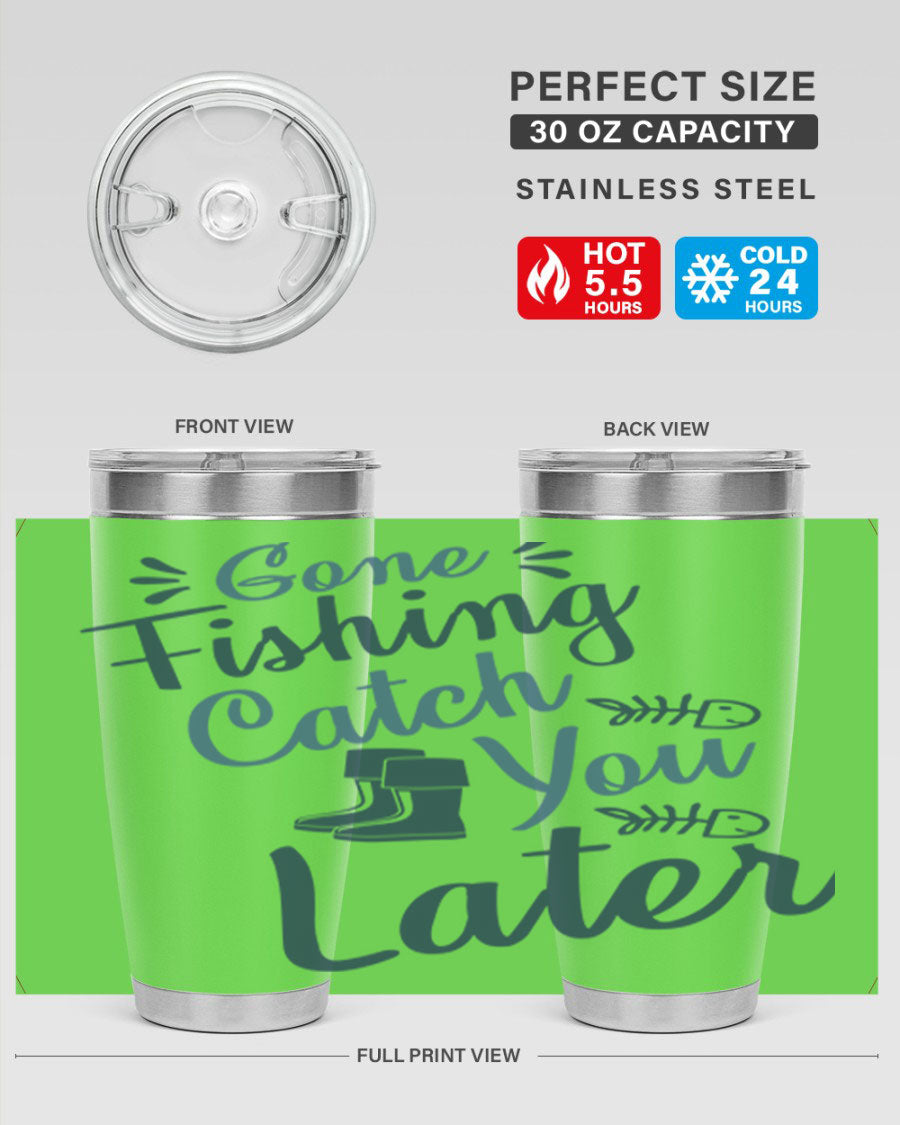Gone Fishing 131# Tumbler in stainless steel with a drink-thru lid, perfect for keeping beverages hot or cold.