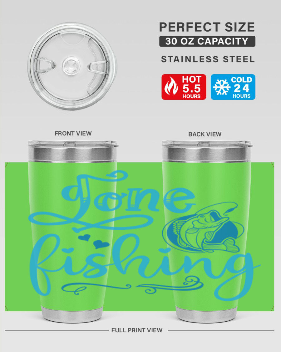 Gone Fishing 220# Tumbler in stainless steel with a fishing-themed design, showcasing its double wall vacuum insulation and drink-thru lid.