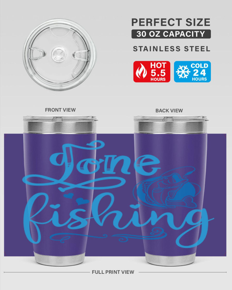 Gone Fishing 220# Tumbler in stainless steel with a fishing-themed design, showcasing its double wall vacuum insulation and drink-thru lid.