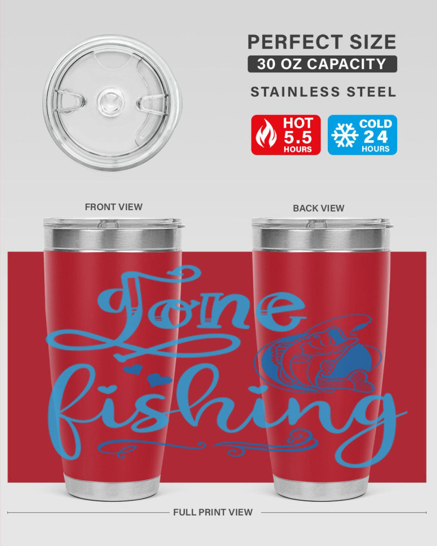 Gone Fishing 220# Tumbler in stainless steel with a fishing-themed design, showcasing its double wall vacuum insulation and drink-thru lid.