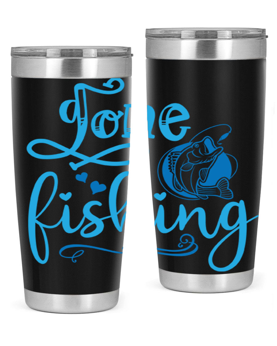 Gone Fishing 220# Tumbler in stainless steel with a fishing-themed design, showcasing its double wall vacuum insulation and drink-thru lid.