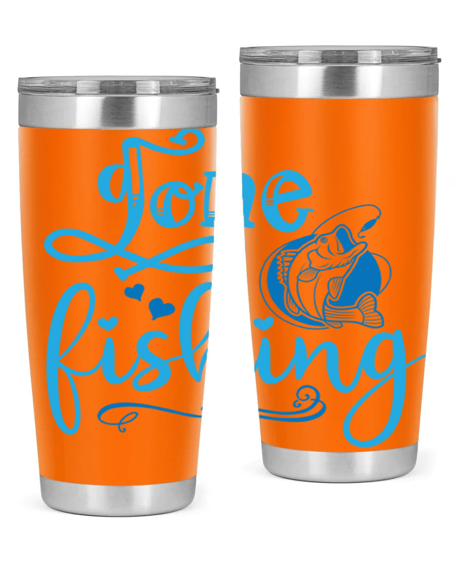 Gone Fishing 220# Tumbler in stainless steel with a fishing-themed design, showcasing its double wall vacuum insulation and drink-thru lid.