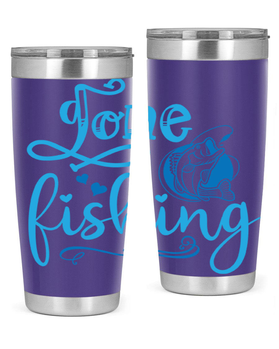 Gone Fishing 220# Tumbler in stainless steel with a fishing-themed design, showcasing its double wall vacuum insulation and drink-thru lid.