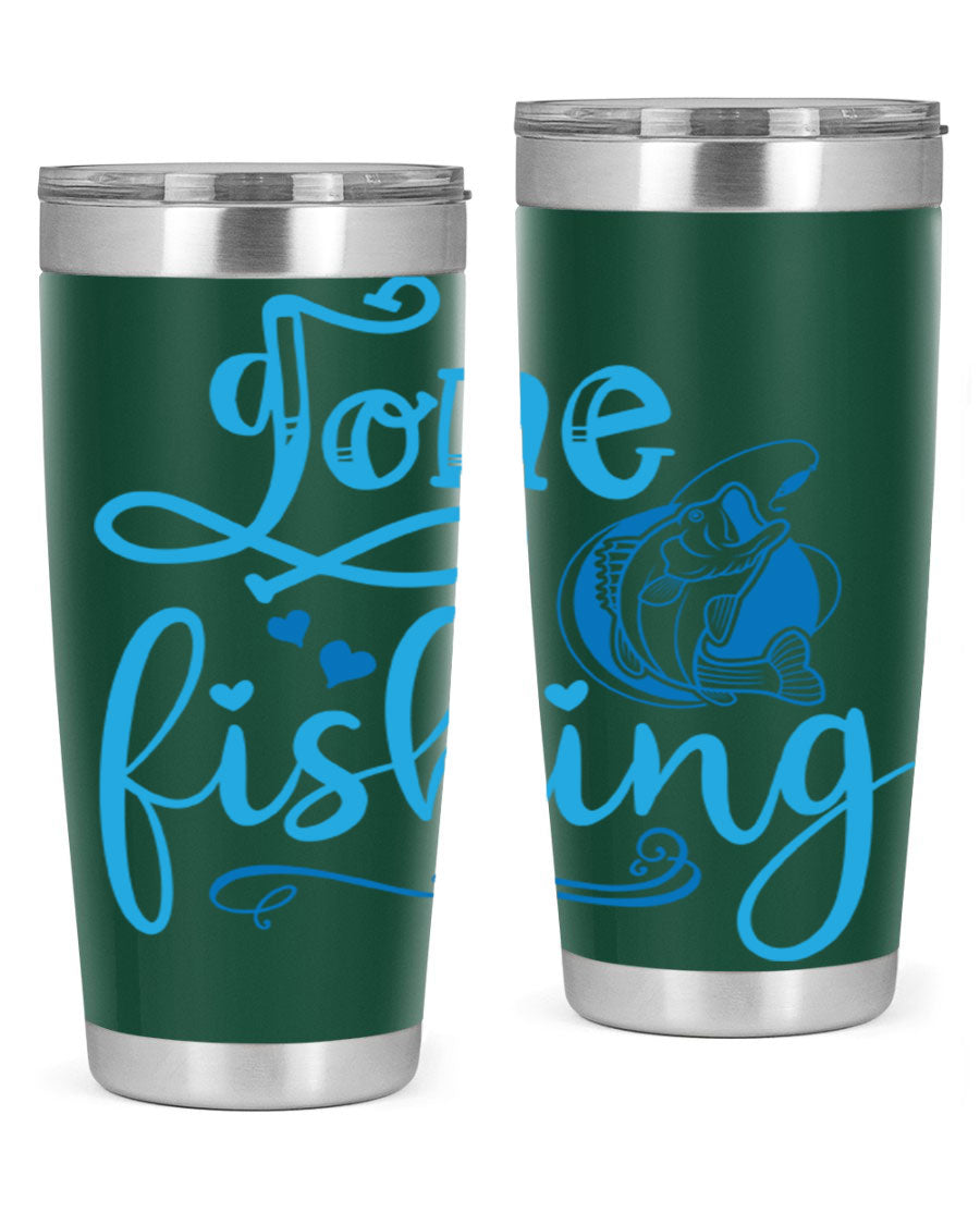 Gone Fishing 220# Tumbler in stainless steel with a fishing-themed design, showcasing its double wall vacuum insulation and drink-thru lid.