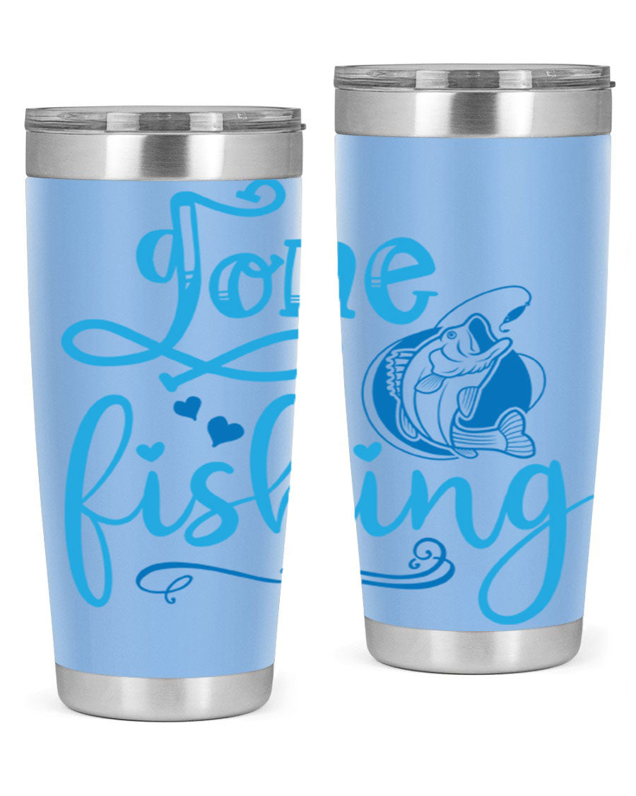 Gone Fishing 220# Tumbler in stainless steel with a fishing-themed design, showcasing its double wall vacuum insulation and drink-thru lid.
