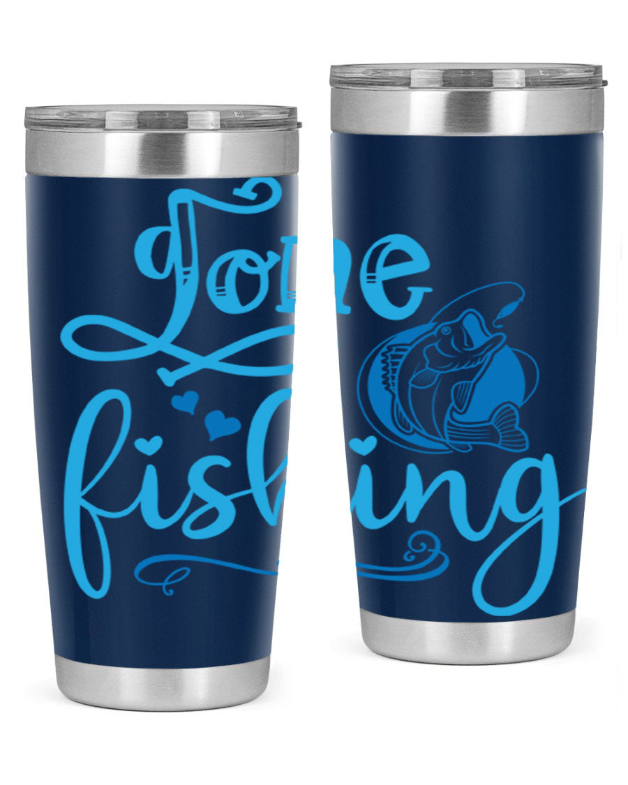 Gone Fishing 220# Tumbler in stainless steel with a fishing-themed design, showcasing its double wall vacuum insulation and drink-thru lid.