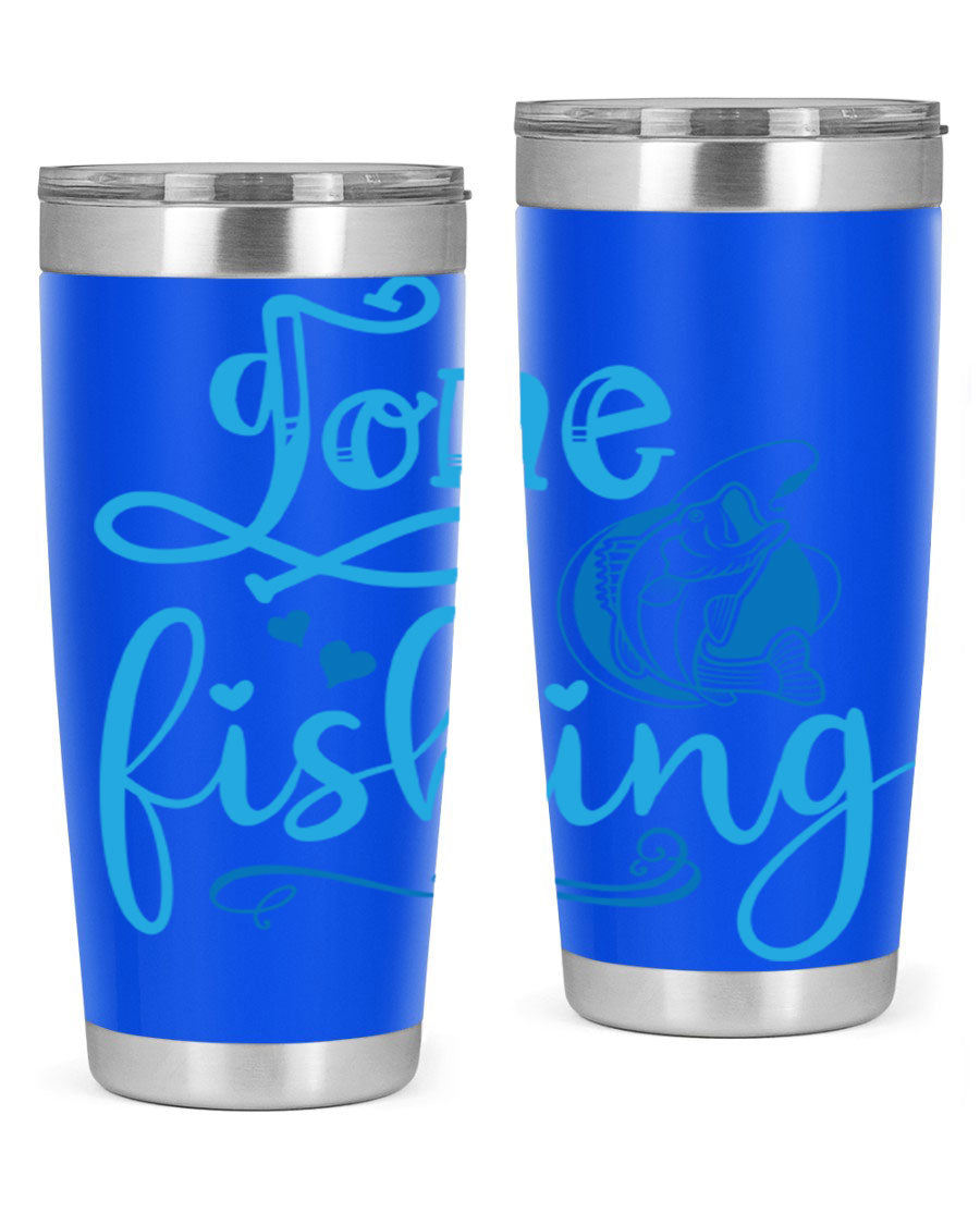 Gone Fishing 220# Tumbler in stainless steel with a fishing-themed design, showcasing its double wall vacuum insulation and drink-thru lid.