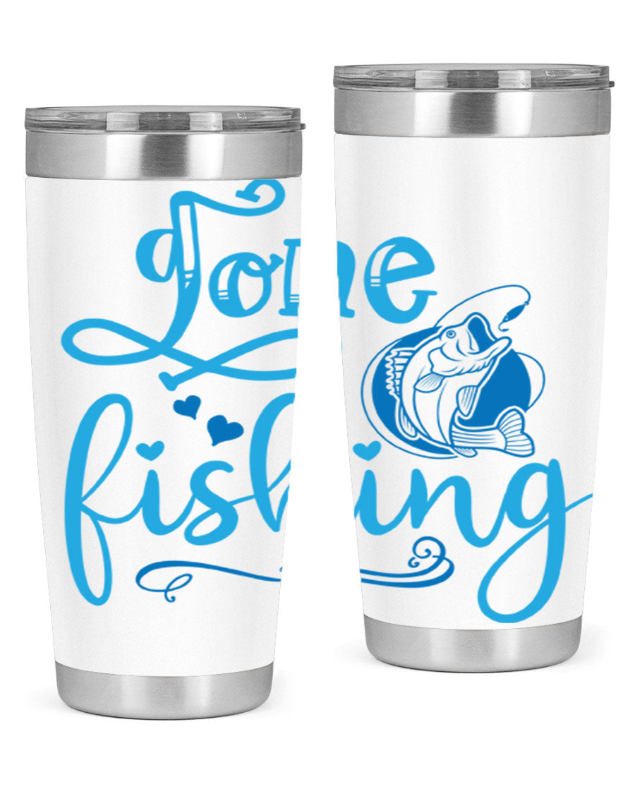Gone Fishing 220# Tumbler in stainless steel with a fishing-themed design, showcasing its double wall vacuum insulation and drink-thru lid.