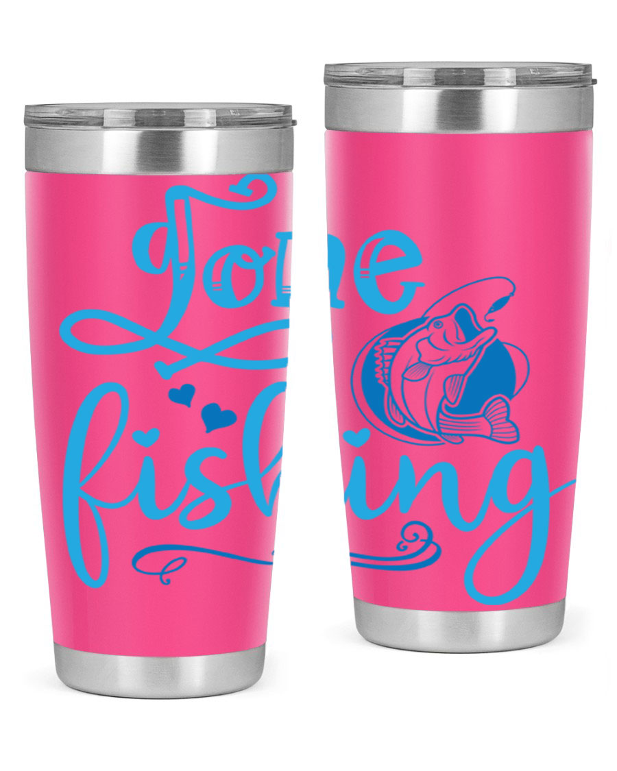 Gone Fishing 220# Tumbler in stainless steel with a fishing-themed design, showcasing its double wall vacuum insulation and drink-thru lid.
