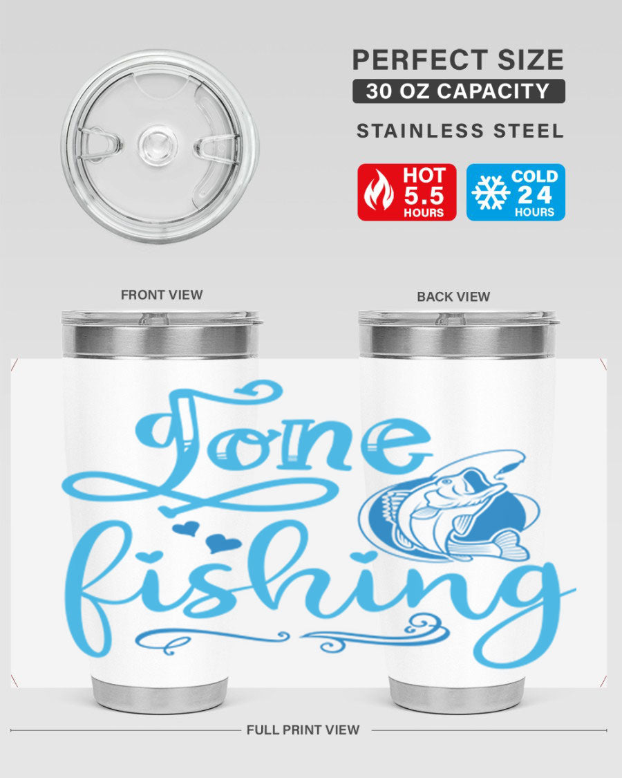 Gone Fishing 220# Tumbler in stainless steel with a fishing-themed design, showcasing its double wall vacuum insulation and drink-thru lid.