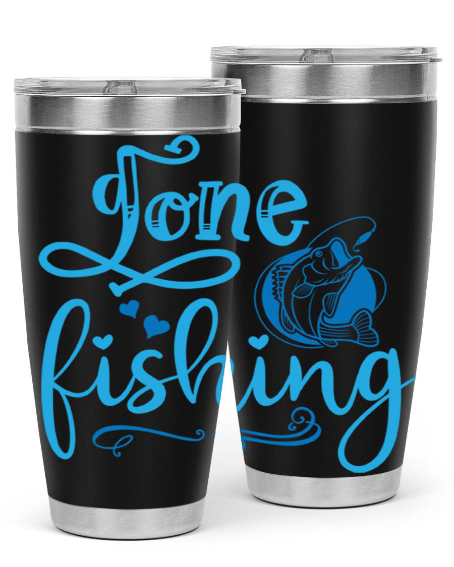 Gone Fishing 220# Tumbler in stainless steel with a fishing-themed design, showcasing its double wall vacuum insulation and drink-thru lid.