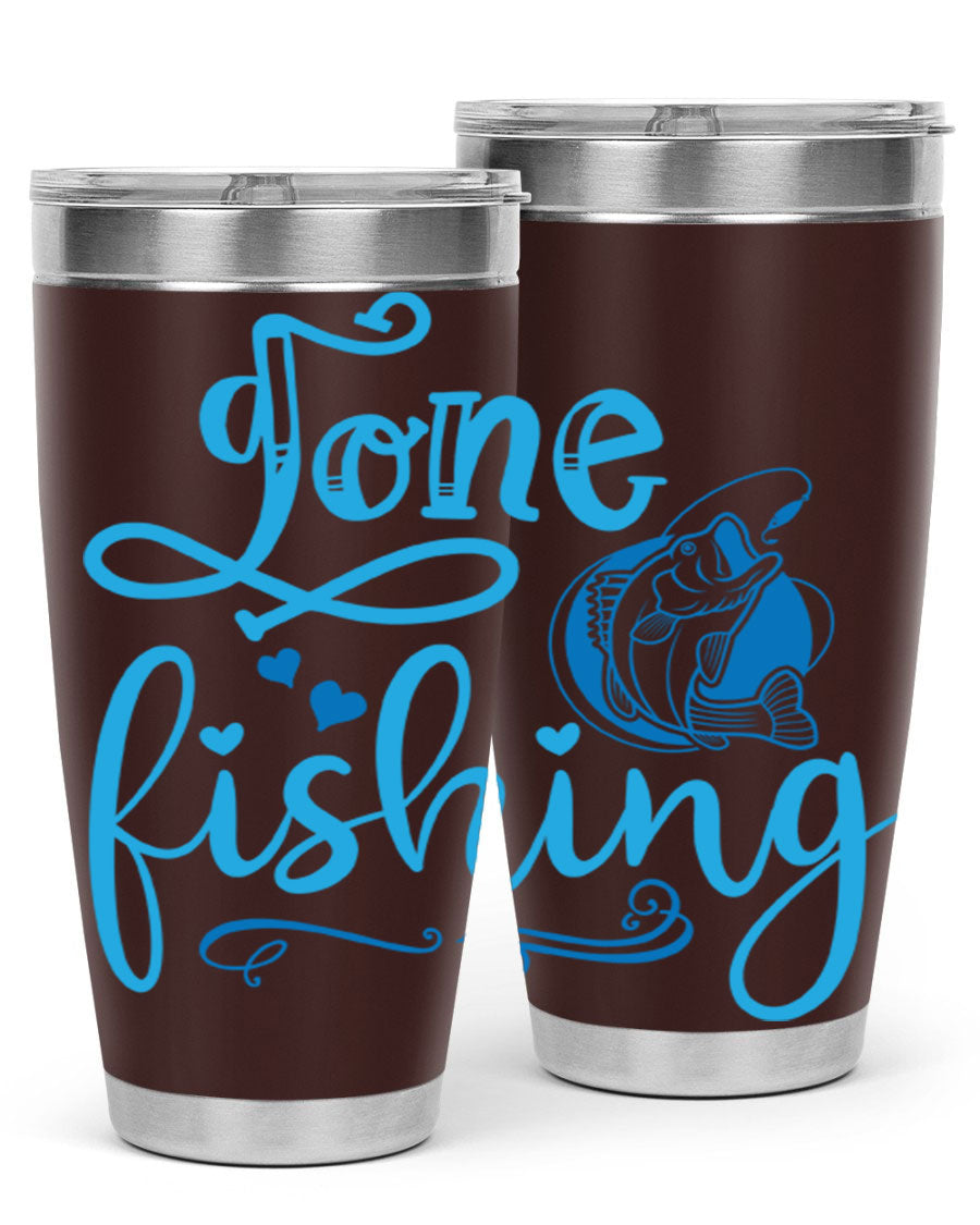 Gone Fishing 220# Tumbler in stainless steel with a fishing-themed design, showcasing its double wall vacuum insulation and drink-thru lid.