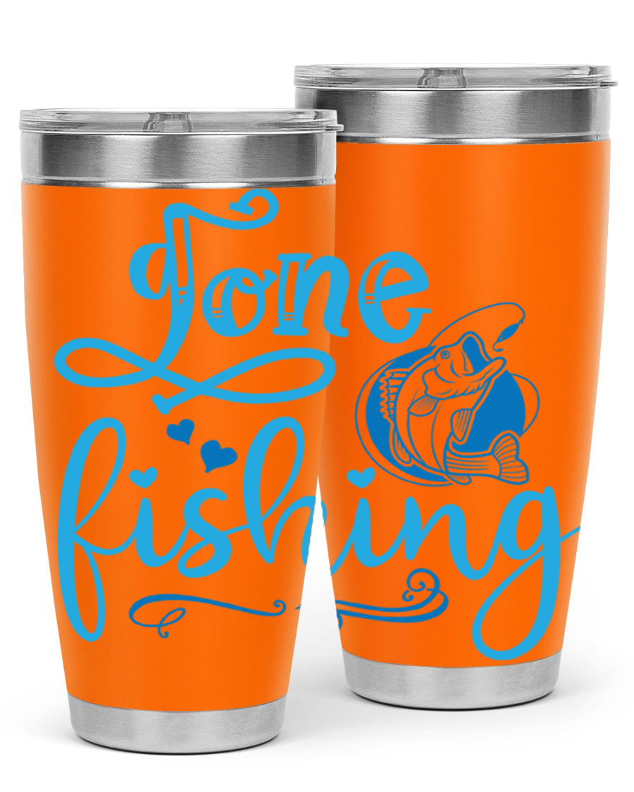 Gone Fishing 220# Tumbler in stainless steel with a fishing-themed design, showcasing its double wall vacuum insulation and drink-thru lid.