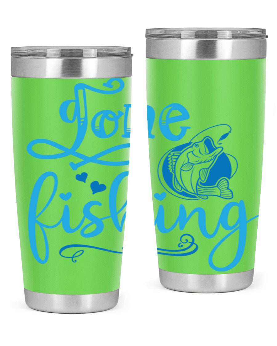Gone Fishing 220# Tumbler in stainless steel with a fishing-themed design, showcasing its double wall vacuum insulation and drink-thru lid.