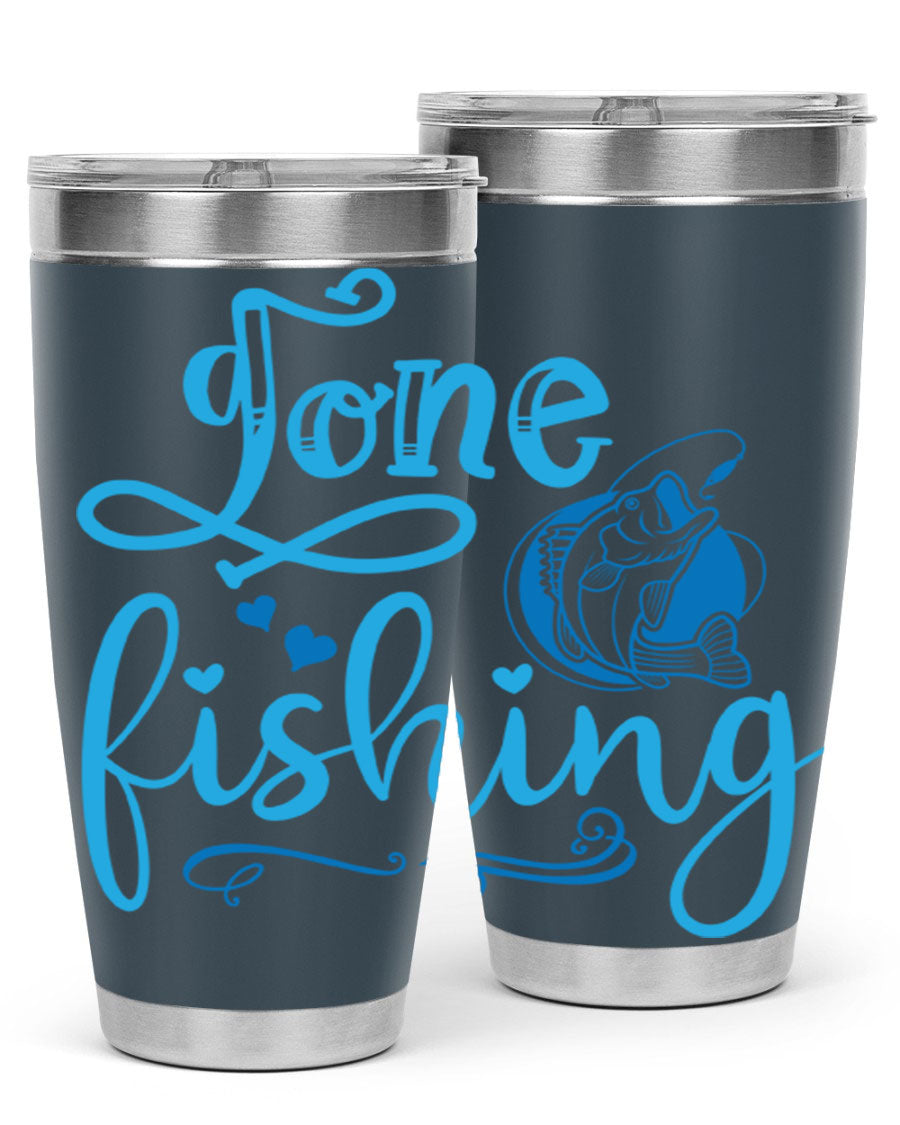 Gone Fishing 220# Tumbler in stainless steel with a fishing-themed design, showcasing its double wall vacuum insulation and drink-thru lid.