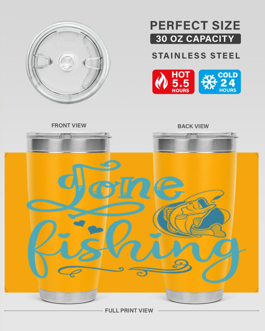 Gone Fishing 220# Tumbler in stainless steel with a fishing-themed design, showcasing its double wall vacuum insulation and drink-thru lid.
