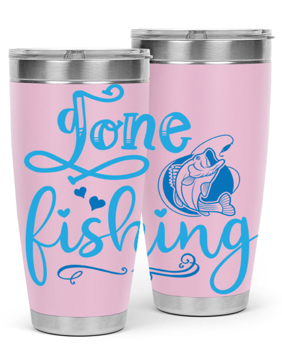 Gone Fishing 220# Tumbler in stainless steel with a fishing-themed design, showcasing its double wall vacuum insulation and drink-thru lid.