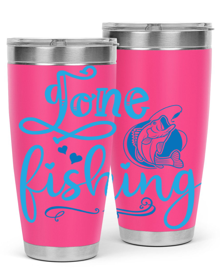 Gone Fishing 220# Tumbler in stainless steel with a fishing-themed design, showcasing its double wall vacuum insulation and drink-thru lid.