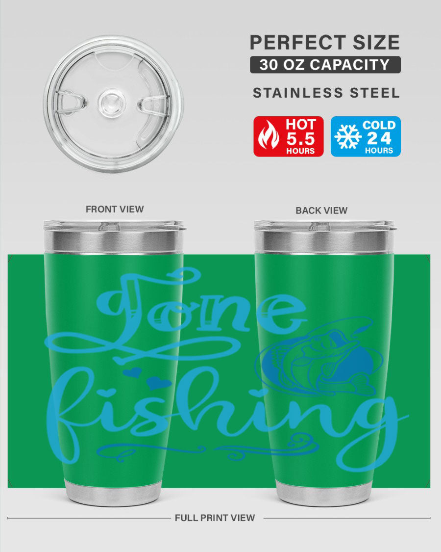 Gone Fishing 220# Tumbler in stainless steel with a fishing-themed design, showcasing its double wall vacuum insulation and drink-thru lid.
