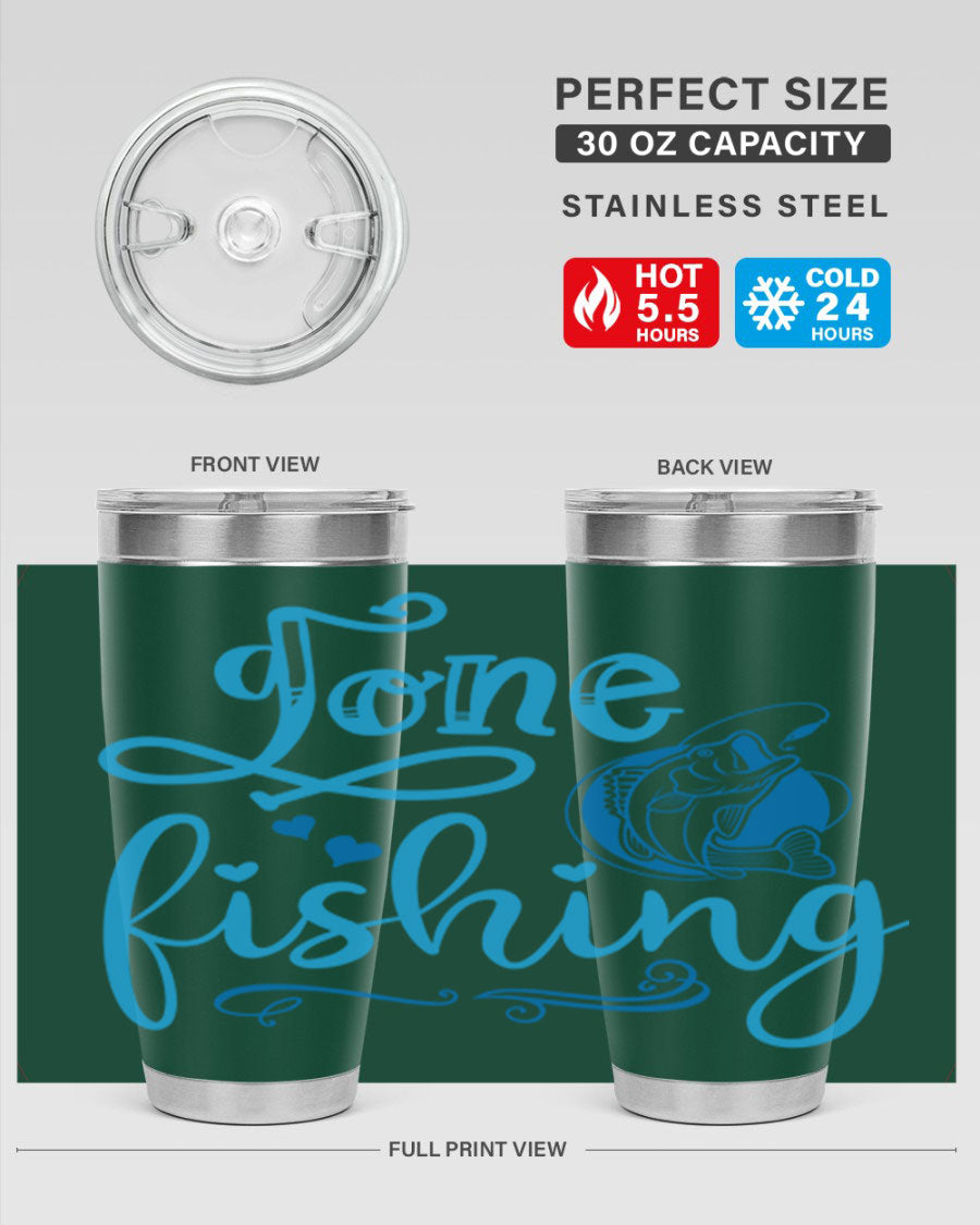 Gone Fishing 220# Tumbler in stainless steel with a fishing-themed design, showcasing its double wall vacuum insulation and drink-thru lid.