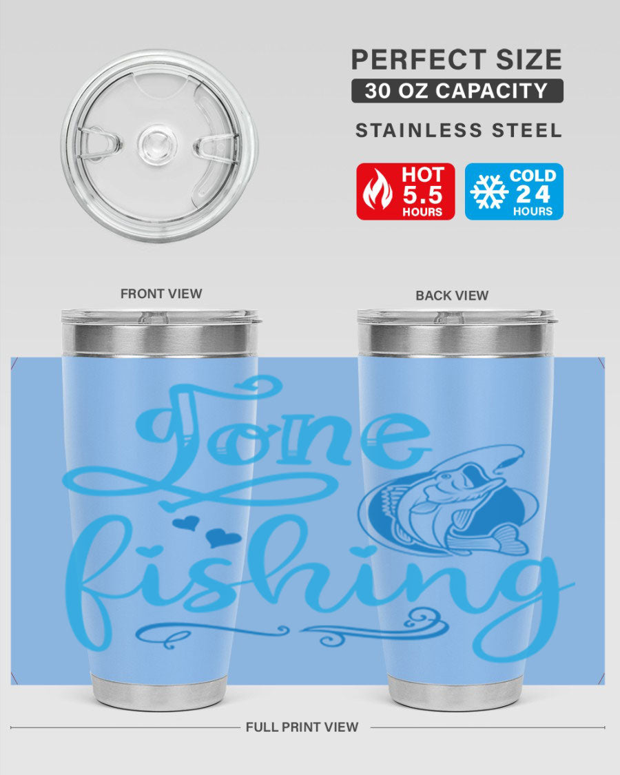 Gone Fishing 220# Tumbler in stainless steel with a fishing-themed design, showcasing its double wall vacuum insulation and drink-thru lid.