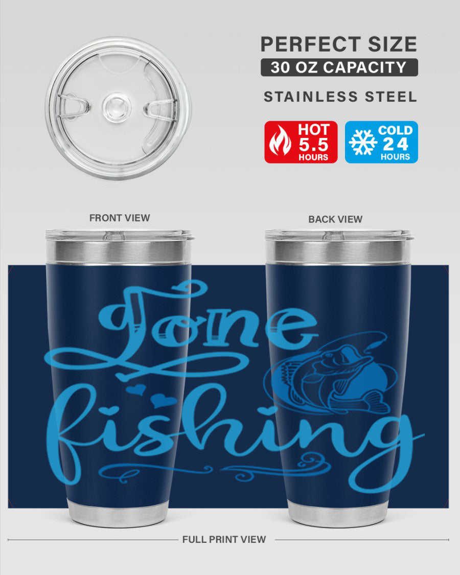 Gone Fishing 220# Tumbler in stainless steel with a fishing-themed design, showcasing its double wall vacuum insulation and drink-thru lid.