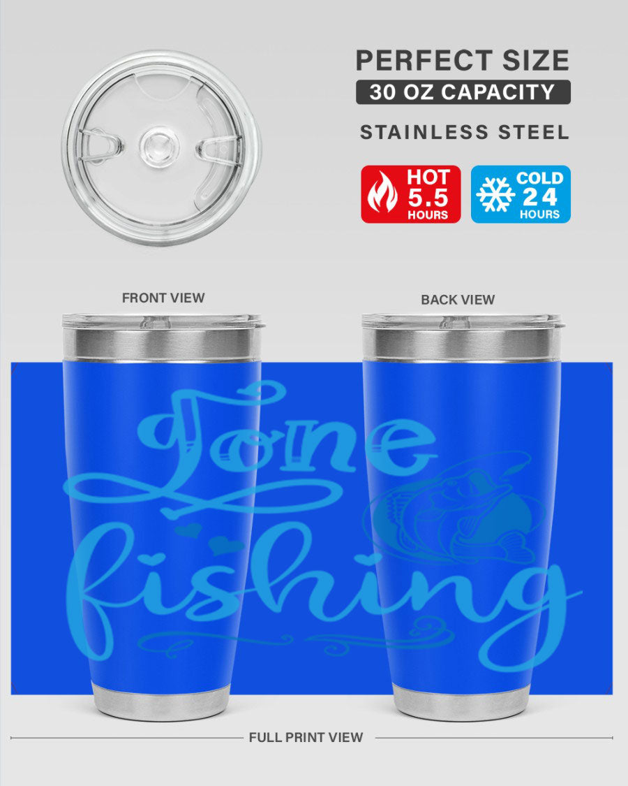 Gone Fishing 220# Tumbler in stainless steel with a fishing-themed design, showcasing its double wall vacuum insulation and drink-thru lid.