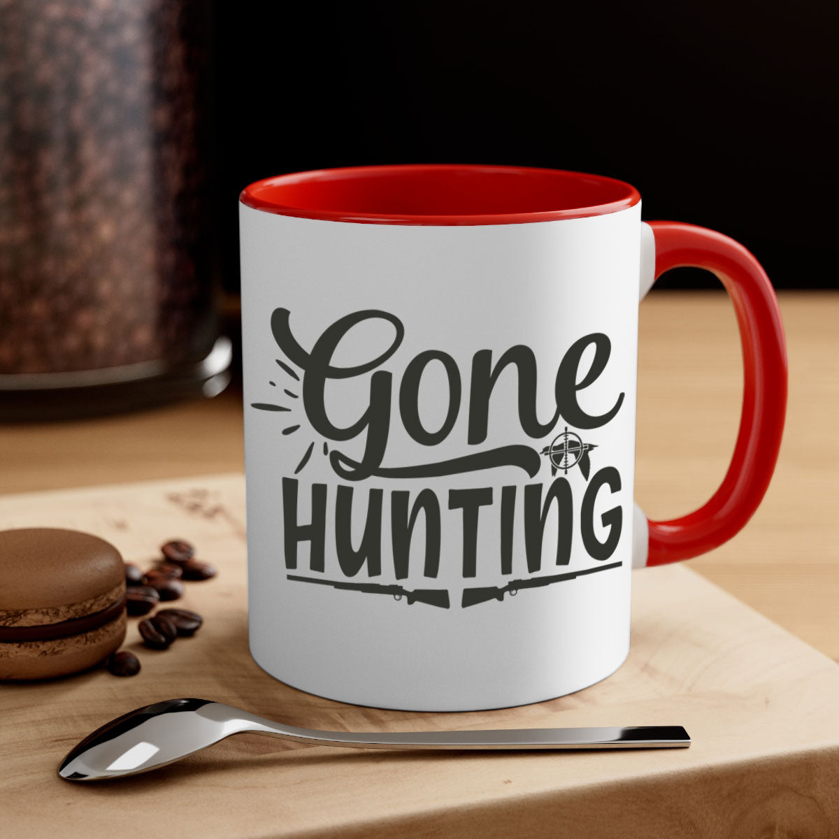 Gone Hunting 13# Mug featuring a two-tone design with a colored handle and glossy finish, available in multiple colors and sizes.