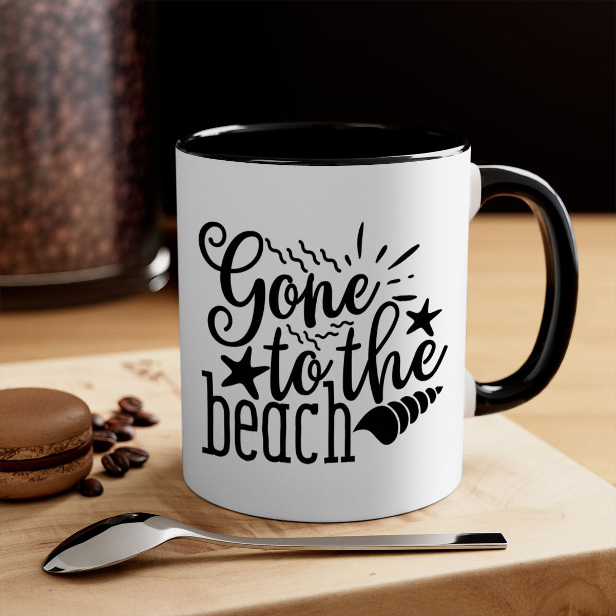 Gone to the beach Style 100# Mug featuring a glossy finish, colored handle, and interior, available in multiple colors and sizes.