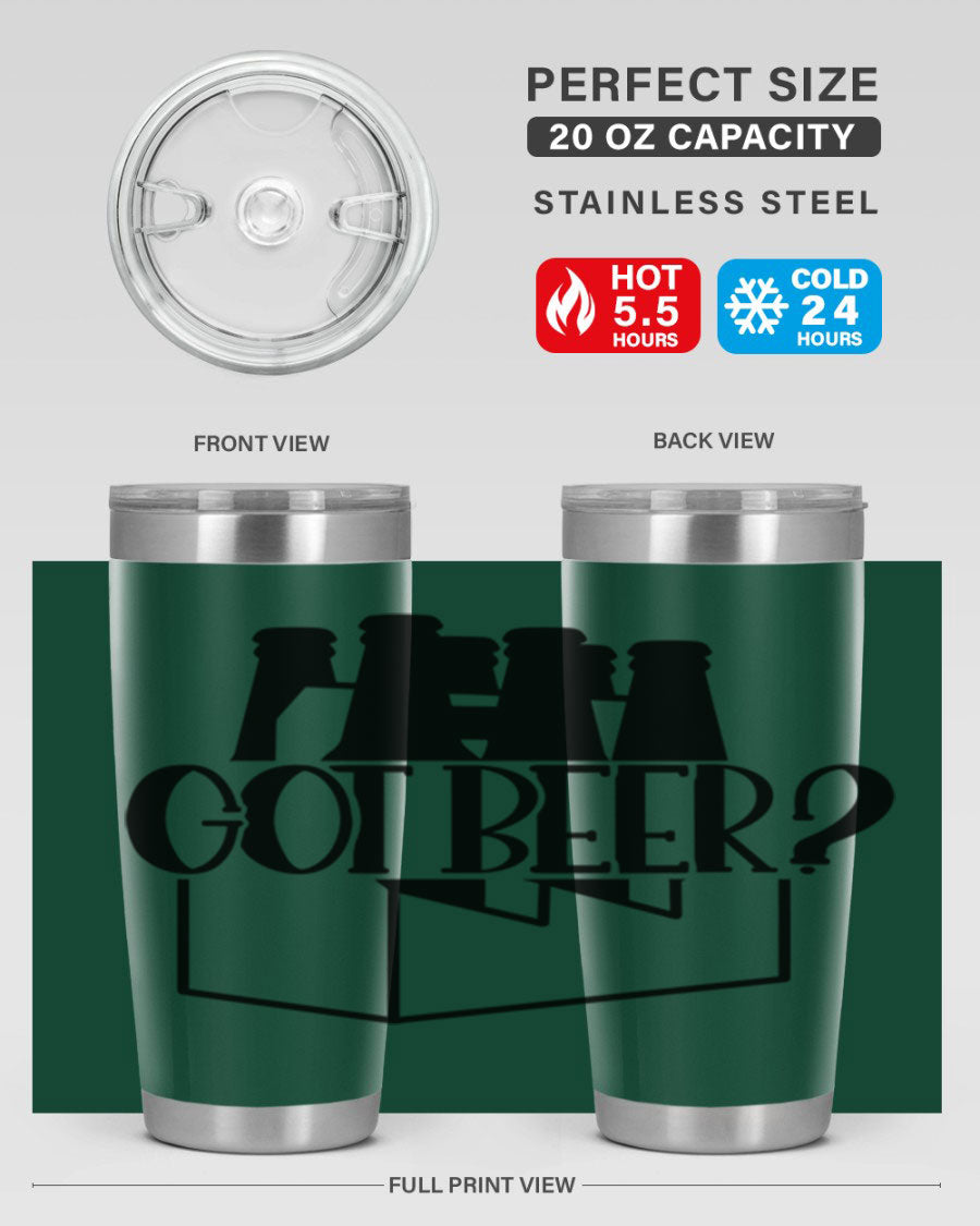 Got Beer 37# Tumbler in stainless steel with a drink-thru lid, showcasing its sleek design and double wall insulation.
