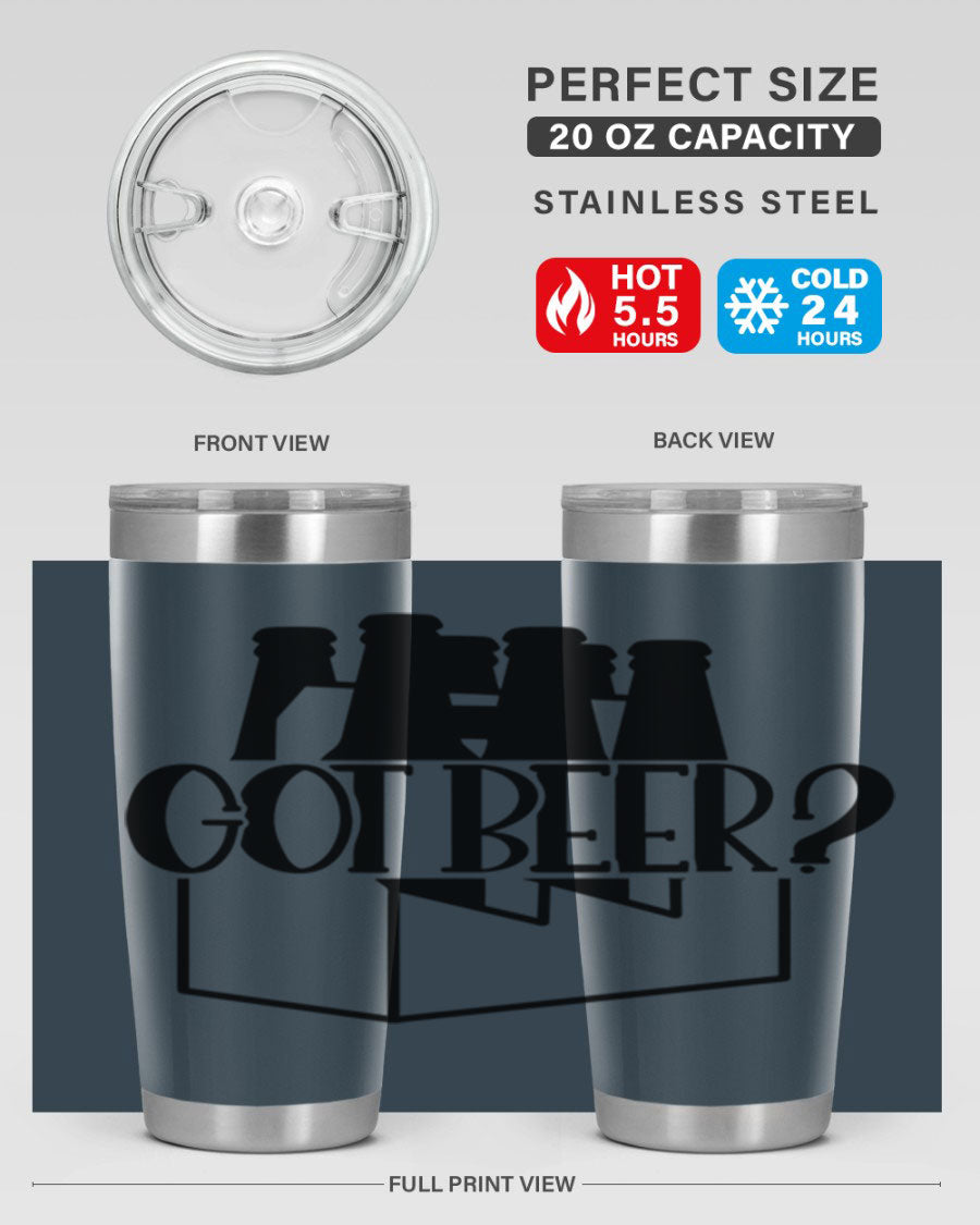 Got Beer 37# Tumbler in stainless steel with a drink-thru lid, showcasing its sleek design and double wall insulation.