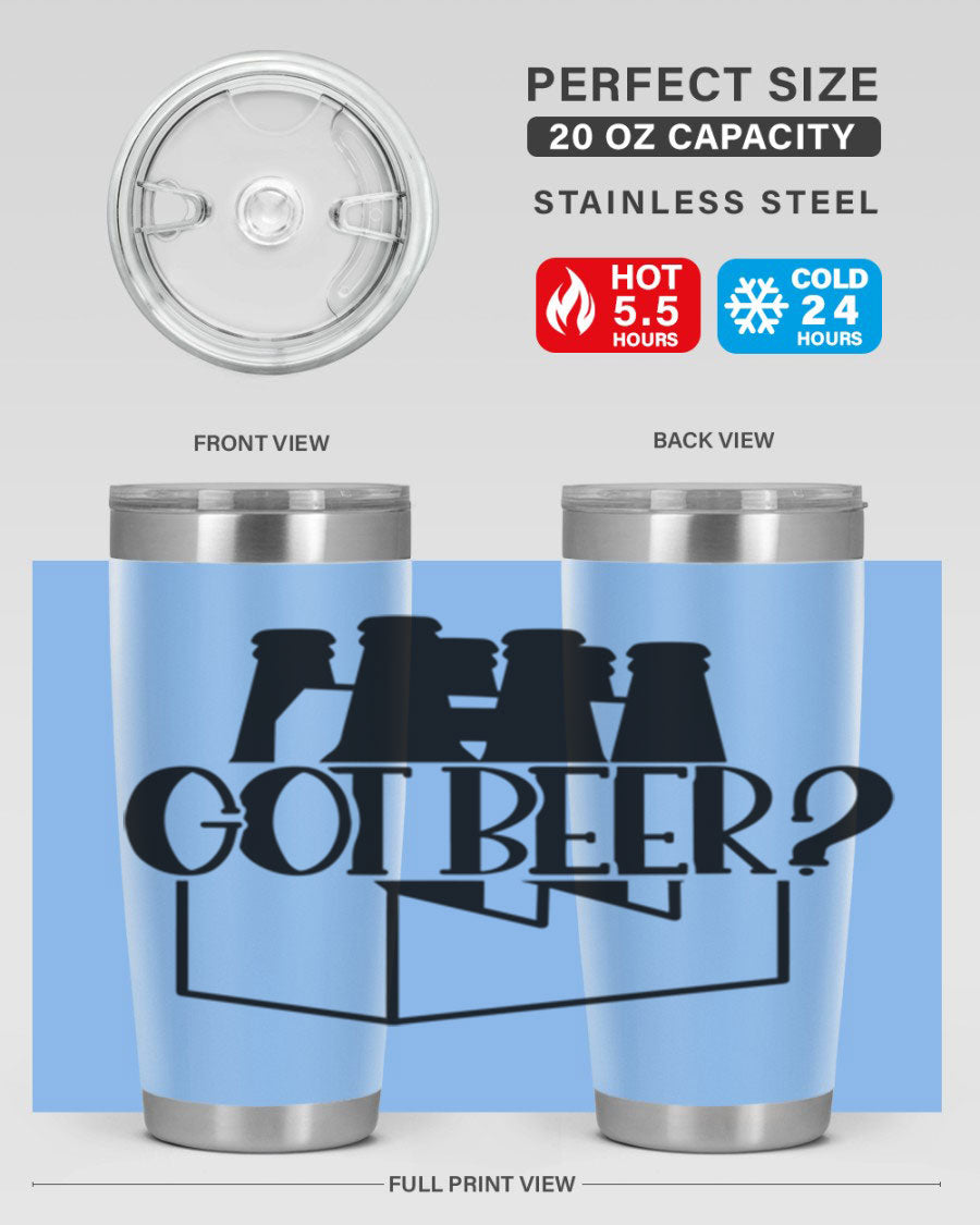 Got Beer 37# Tumbler in stainless steel with a drink-thru lid, showcasing its sleek design and double wall insulation.
