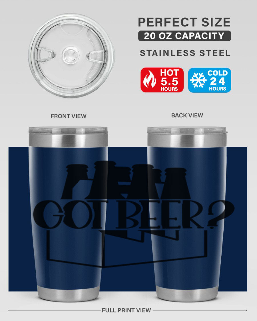 Got Beer 37# Tumbler in stainless steel with a drink-thru lid, showcasing its sleek design and double wall insulation.