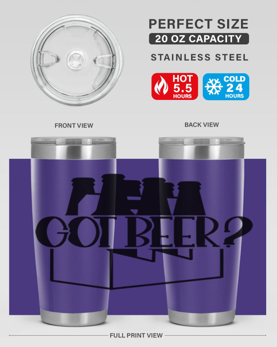 Got Beer 37# Tumbler in stainless steel with a drink-thru lid, showcasing its sleek design and double wall insulation.