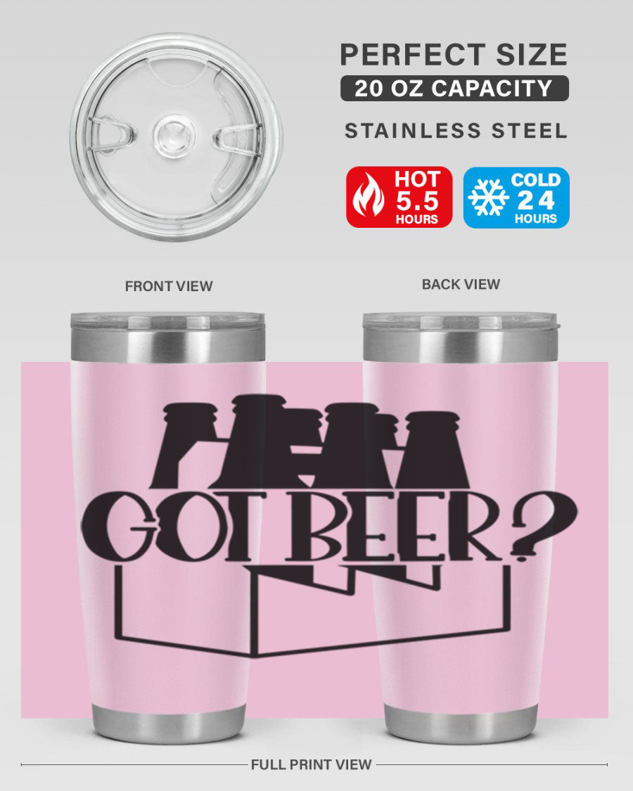 Got Beer 37# Tumbler in stainless steel with a drink-thru lid, showcasing its sleek design and double wall insulation.