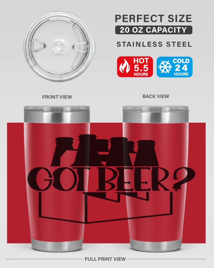 Got Beer 37# Tumbler in stainless steel with a drink-thru lid, showcasing its sleek design and double wall insulation.