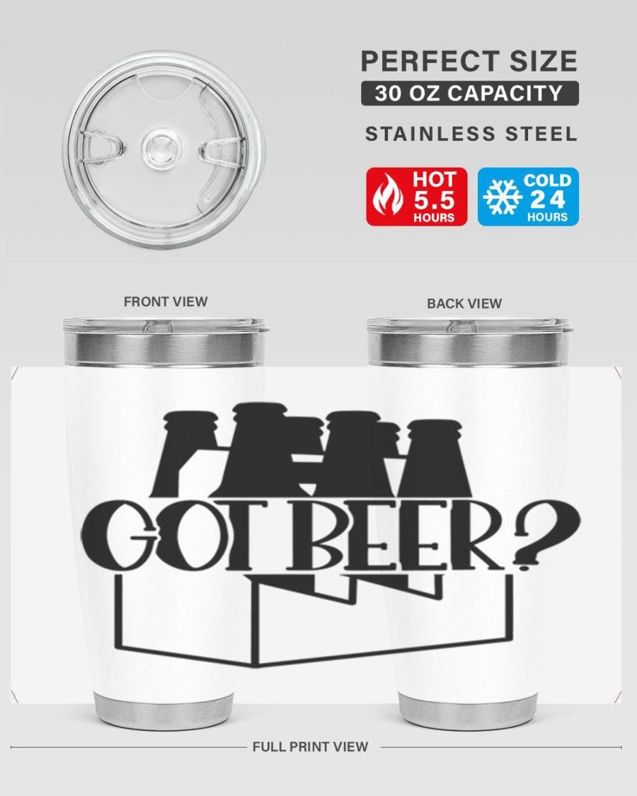 Got Beer 37# Tumbler in stainless steel with a drink-thru lid, showcasing its sleek design and double wall insulation.
