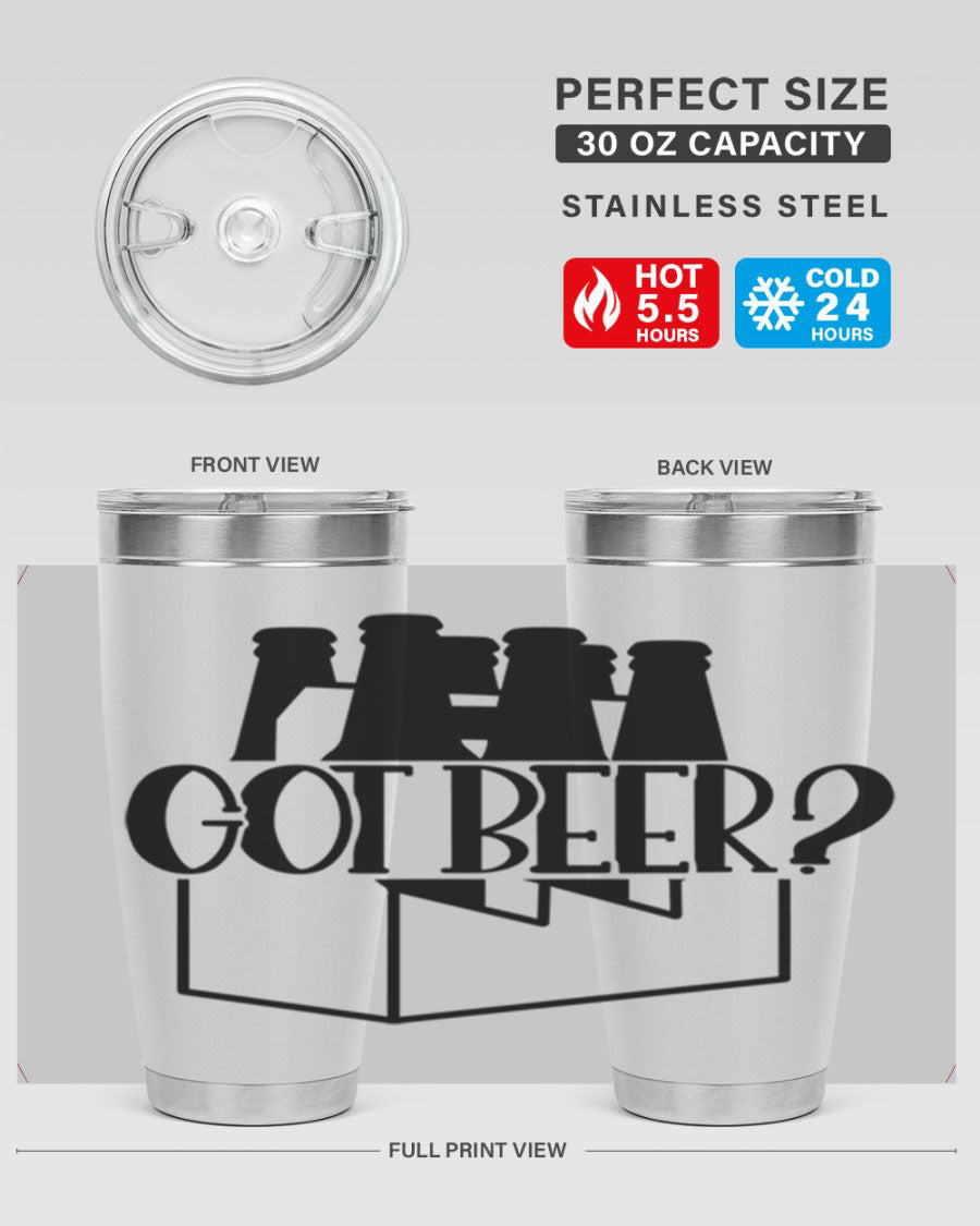 Got Beer 37# Tumbler in stainless steel with a drink-thru lid, showcasing its sleek design and double wall insulation.